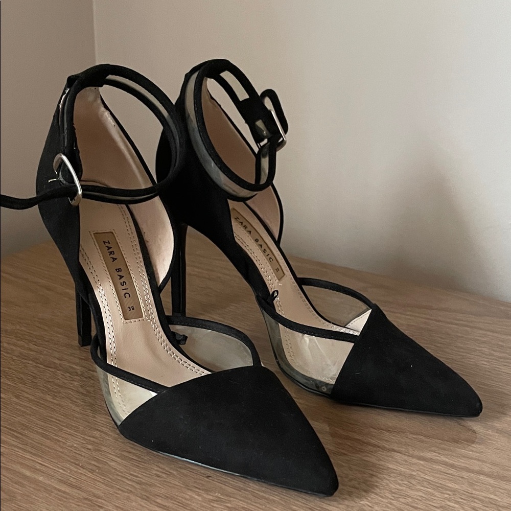 Zara Black Suede Heels with Clear Accents